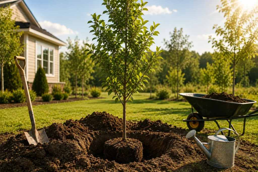 A young sapling being placed into a freshly dug hole in a residential yard, surrounded by a shovel, watering can, and wheelbarrow, illustrating the correct steps for planting a tree.