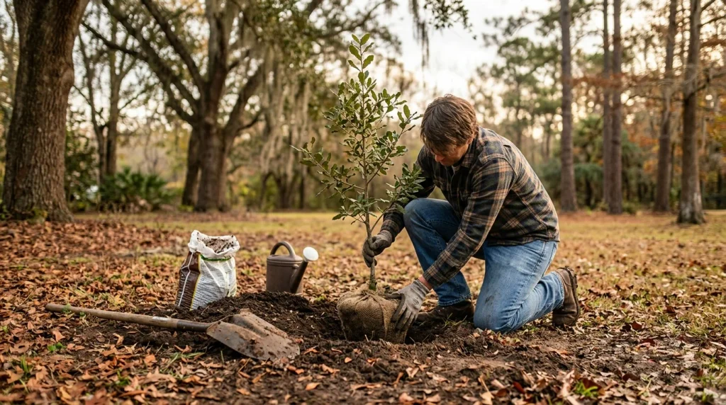 A person planting a young tree in a Louisiana landscape featuring moss-draped trees and warm sunlight.