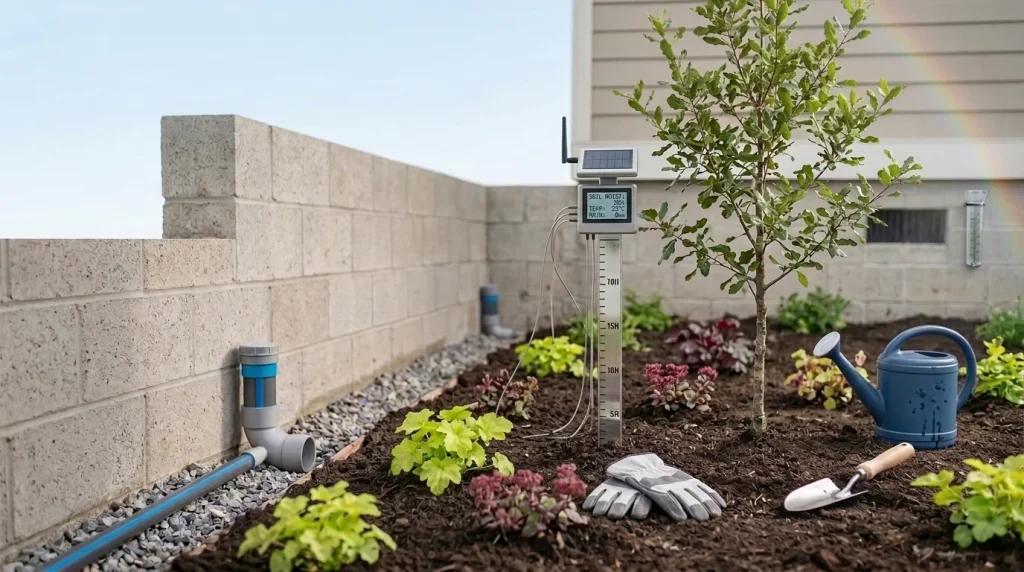 A landscaped garden bed with a young tree, soil moisture monitoring sensor, drip irrigation system, watering can, gardening gloves, and hand trowel.