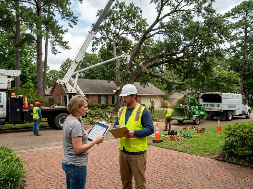 Tree service professional reviewing a quote with a homeowner in Northwest Louisiana