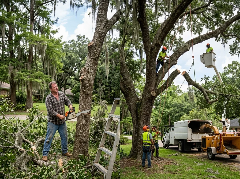 Homeowner with chainsaw vs pro crew using bucket truck and wood chipper
