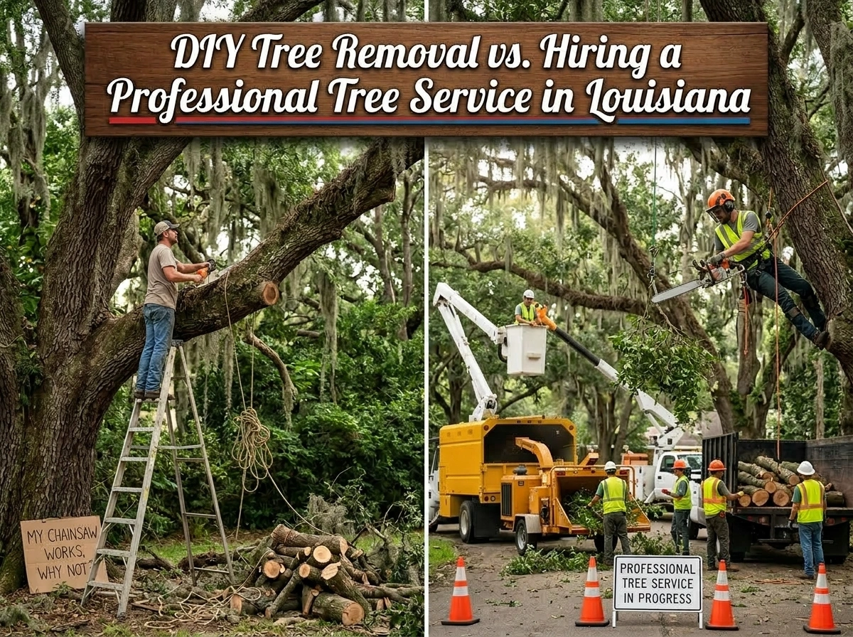 DIY tree removal on a ladder compared to a professional tree service crew in Louisiana