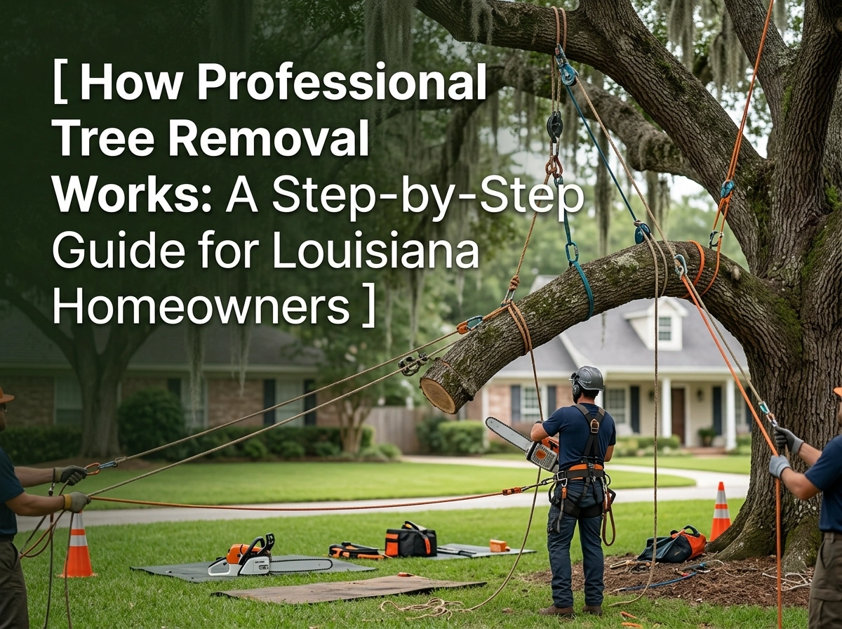 Tree removal crew using ropes and chainsaws to lower a large branch in Louisiana