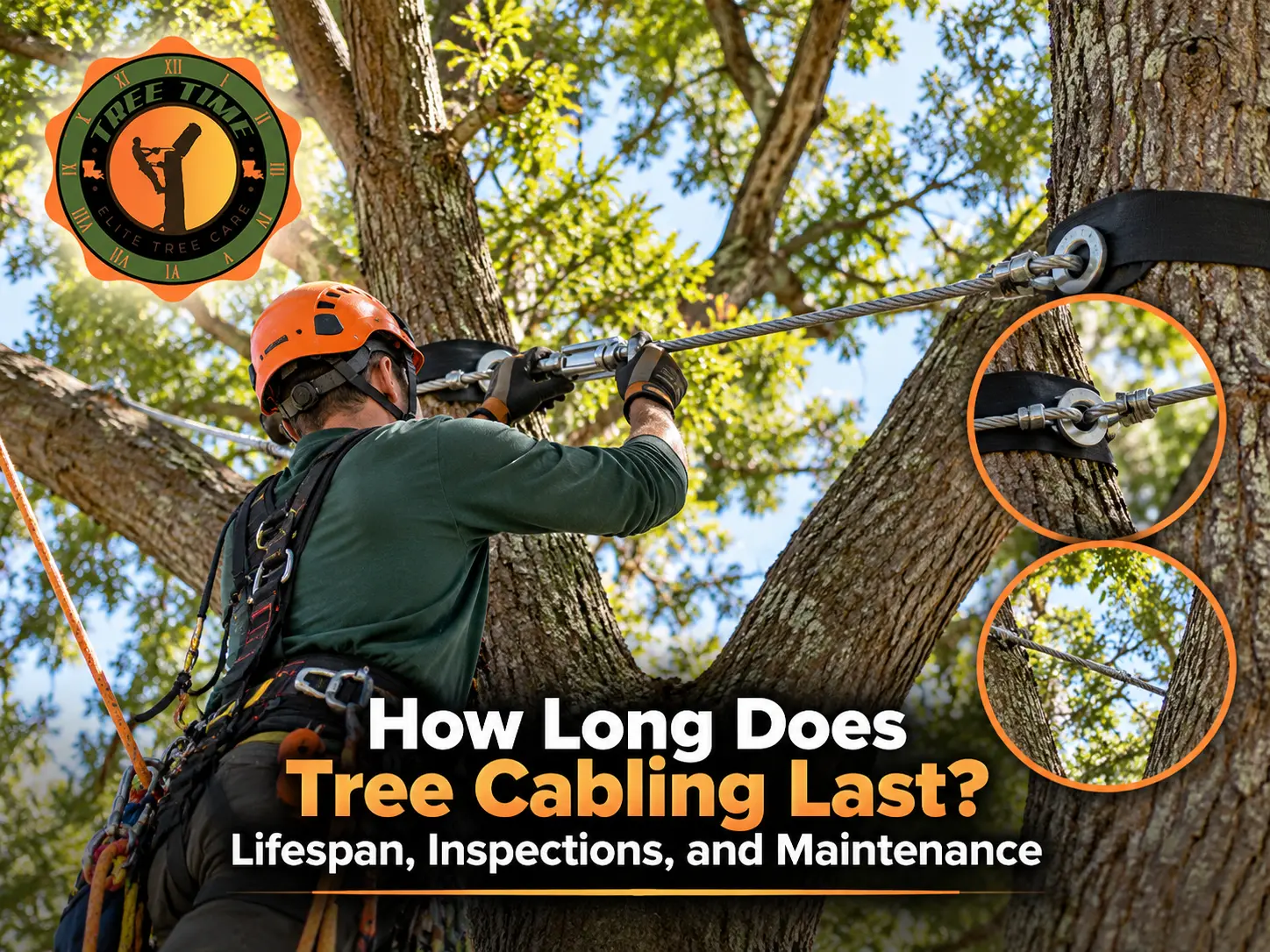 Arborist inspecting a steel cable support system between mature tree branches, with close-up views of cabling hardware, protective straps, and branch connections.