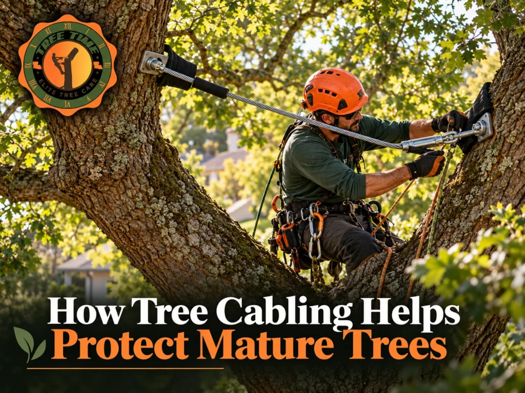 Professional arborist wearing safety gear installing a steel support cable between large branches of a mature tree to improve structural stability, featuring Tree Time Elite Tree Care branding.