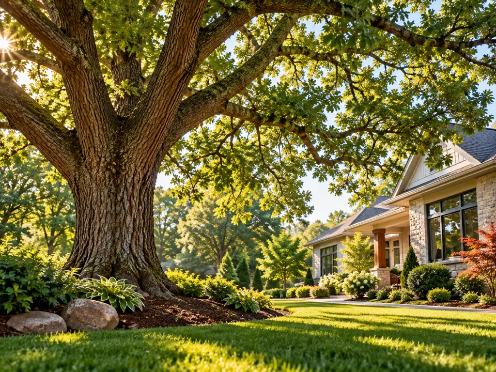 Large mature oak tree providing natural shade over the landscaped lawn of a residential property, with a house, shrubs, and garden beds nearby.