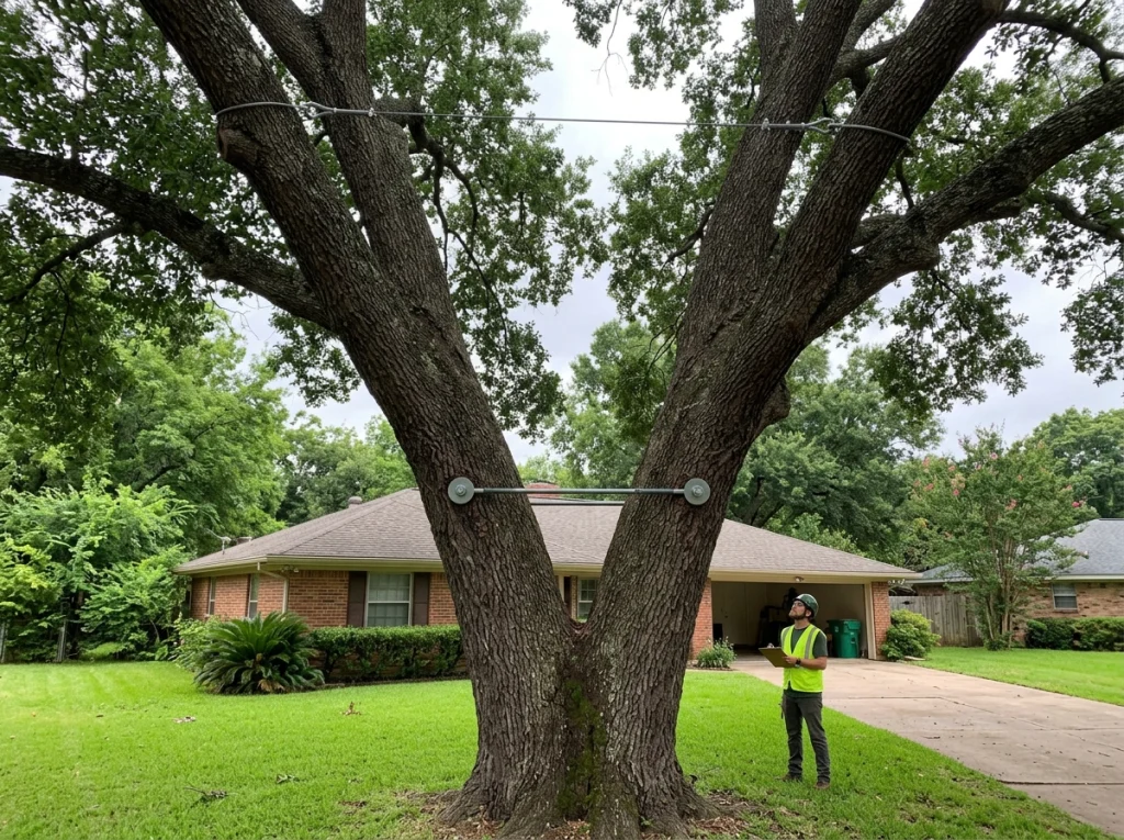 Large mature tree supported by steel cabling and metal bracing rods while an arborist inspects its structural stability in a residential yard.