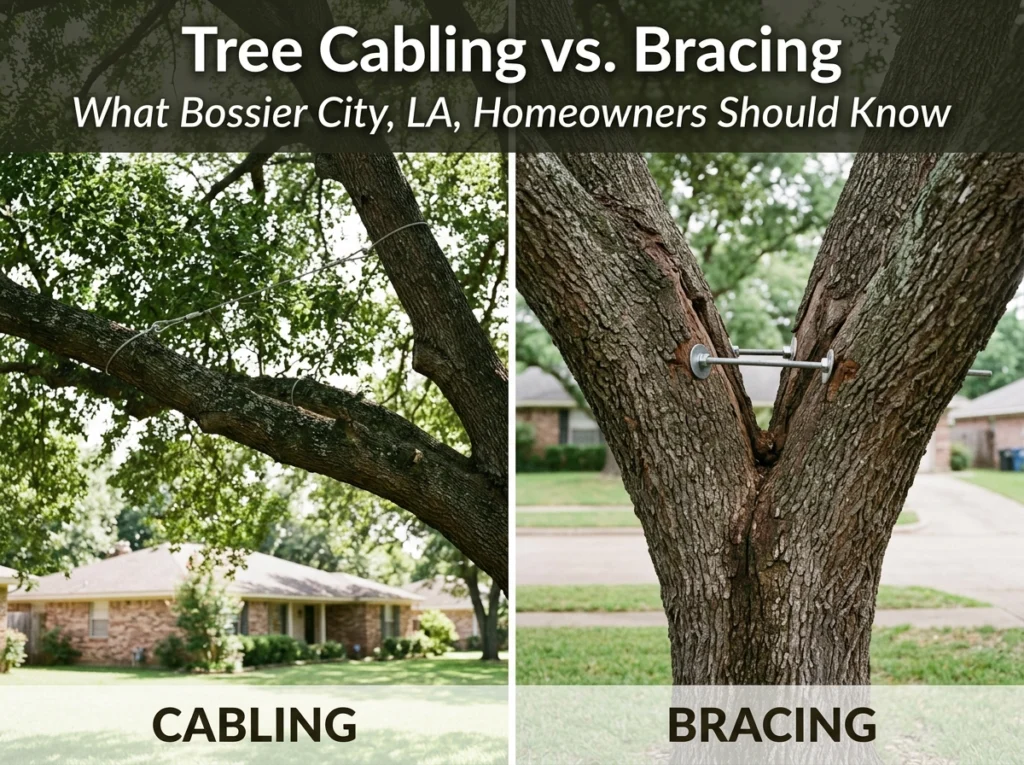 Side-by-side comparison of tree cabling with steel support cables and tree bracing with metal rods in Bossier City, LA.