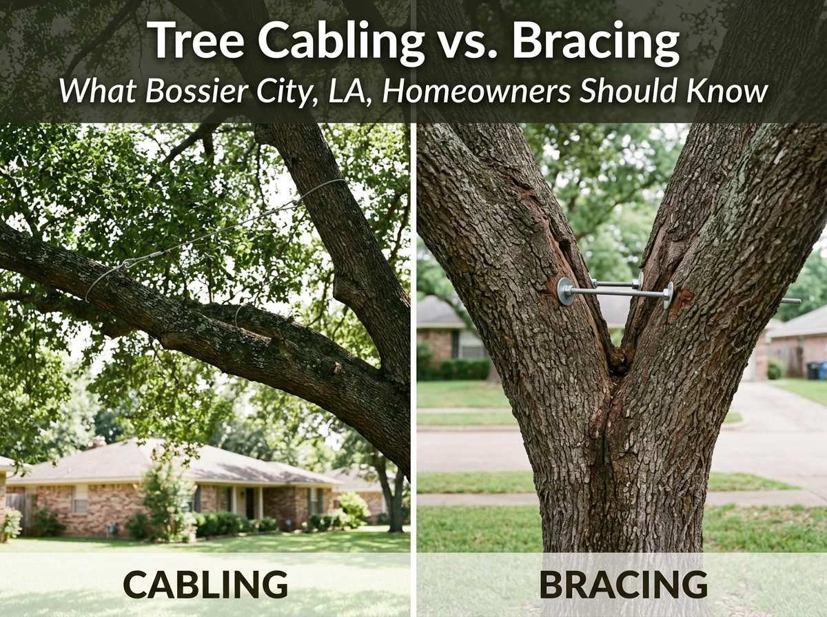 Side-by-side comparison of tree cabling with steel support cables and tree bracing with metal rods in Bossier City, LA.