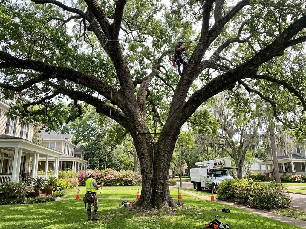 Two certified arborists performing tree cabling and bracing on a massive mature live oak, with one climber suspended high in the canopy installing cables and a groundworker in a hard hat managing ropes below in a residential neighborhood.