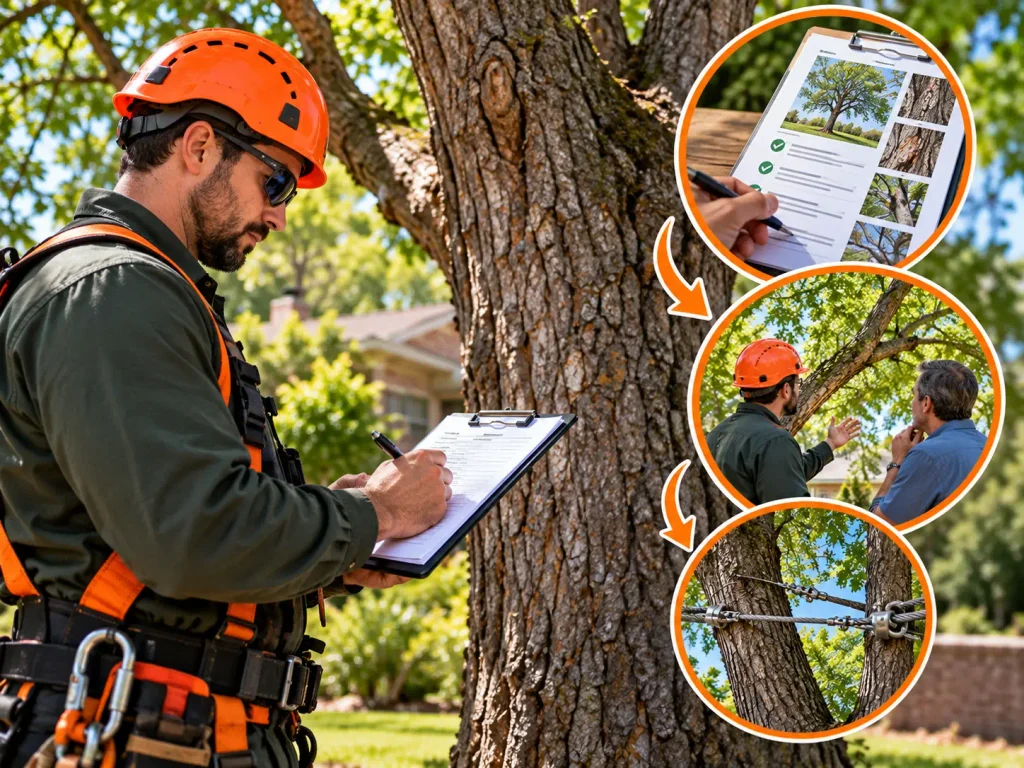 A certified arborist meticulously records inspection notes on a clipboard, while inset images highlight the professionalism behind the service—a detailed assessment form, clear communication with the homeowner, and the quality cabling hardware installed in the tree.