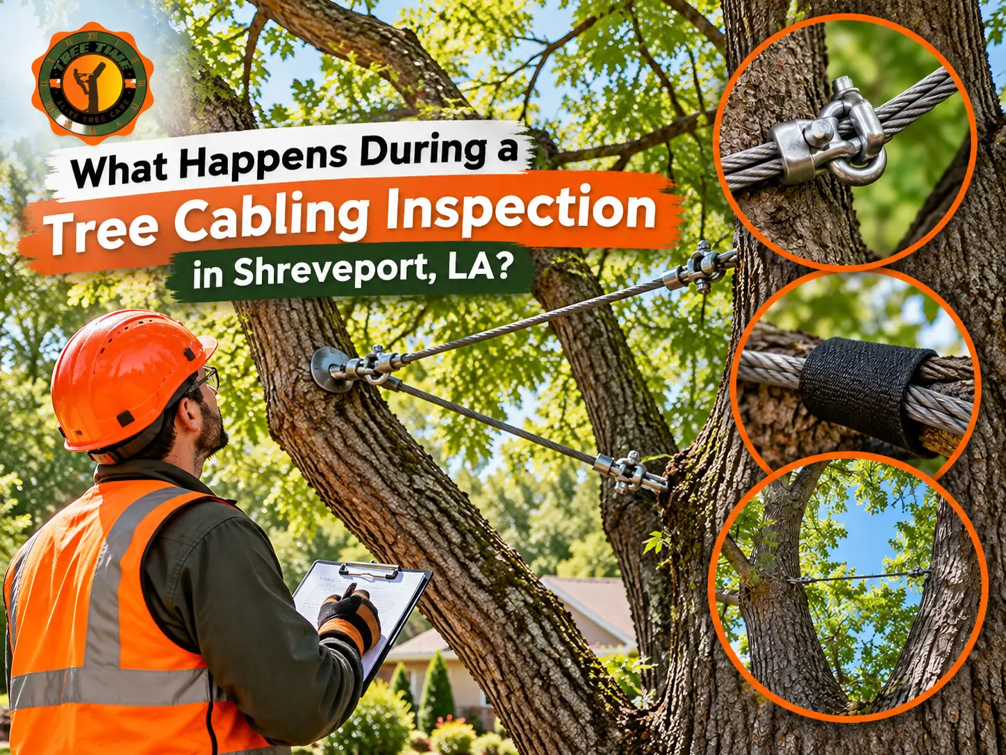 A tree care specialist performs a routine cabling inspection, checking the condition of the steel hardware and cables in a mature tree, with detailed insets showing the components that need regular maintenance to keep the support system effective.