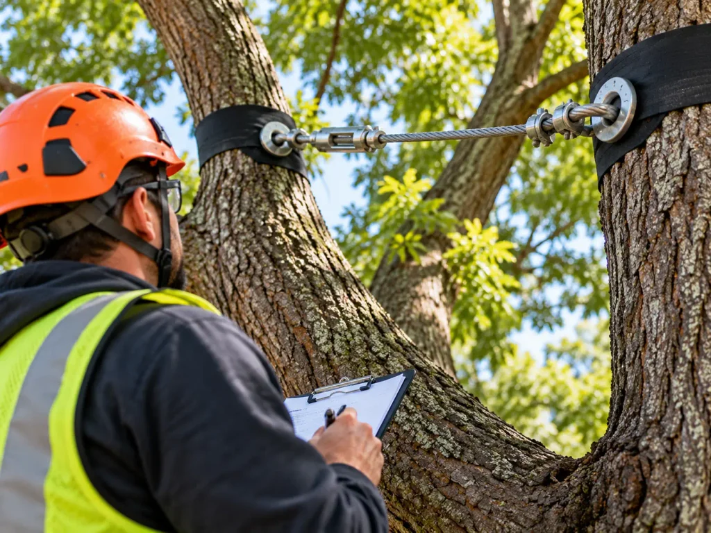 Arborist inspecting a tree cabling support system, including steel cable connections, attachment straps, and the condition of mature tree branches.