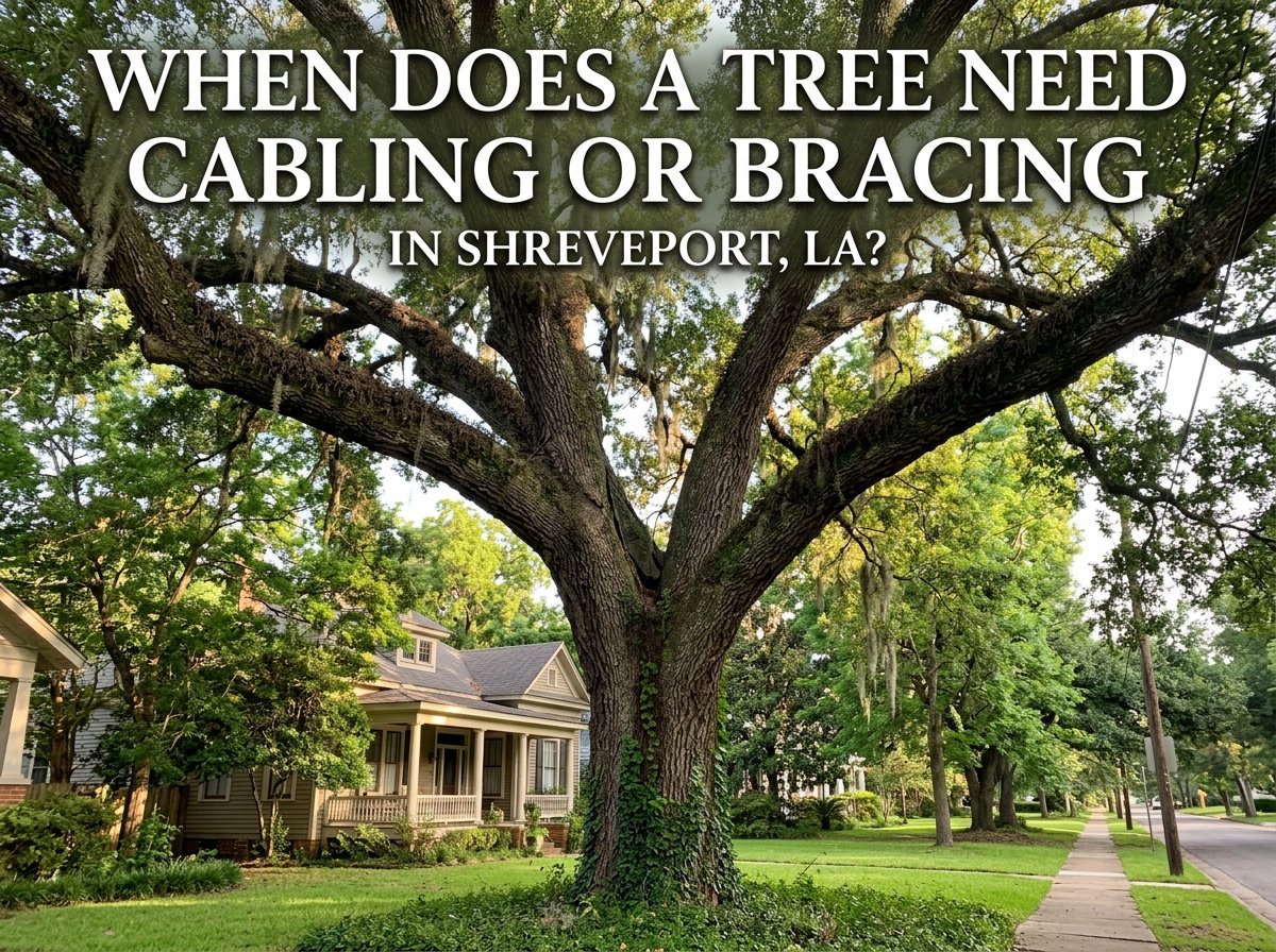 A large, structurally complex oak tree with heavy lateral branches in a Shreveport neighborhood, illustrating the type of mature tree that may require professional cabling or bracing to prevent limb failure.